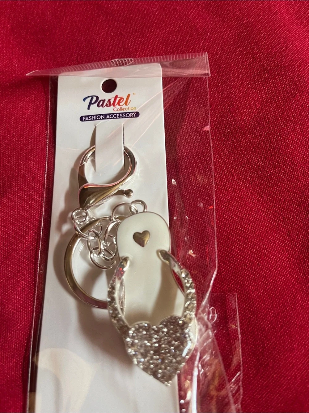 Pastels White & Silver Heart Flip Flop Keychain